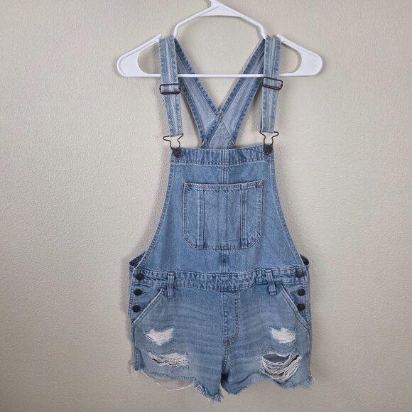 Abercrombie & Fitch Overall Shorts Shortalls Size S Light Wash Blue Distressed - Picture 1 of 8
